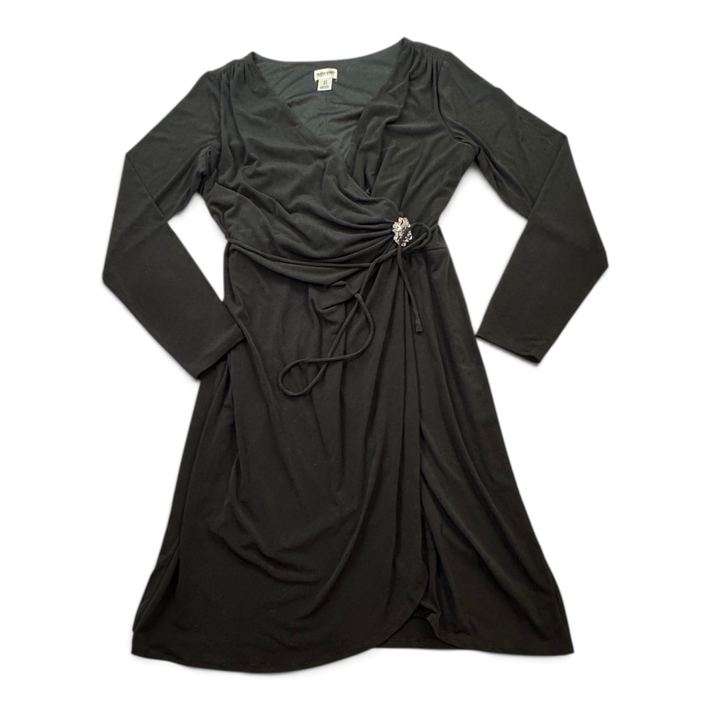 Motherhood Maternity Dress Faux Wrap Rhinestone Brooch Evening Women Black L
